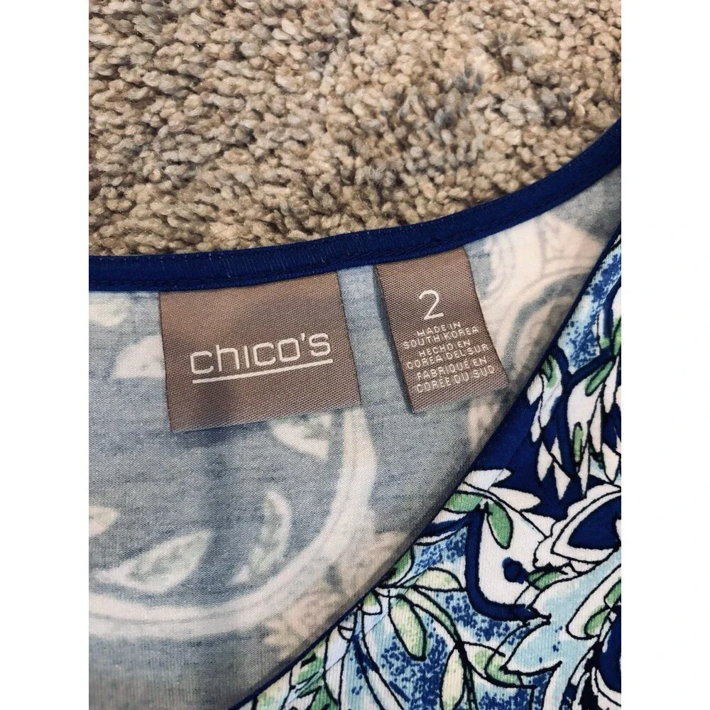 Chico’s Blouse Top Womens Size 2 US Large Blue White Paisley Floral Stretch - Picture 2 of 7